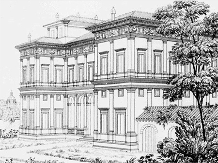 disegno a matita della villa Farnesina in bianco e nero